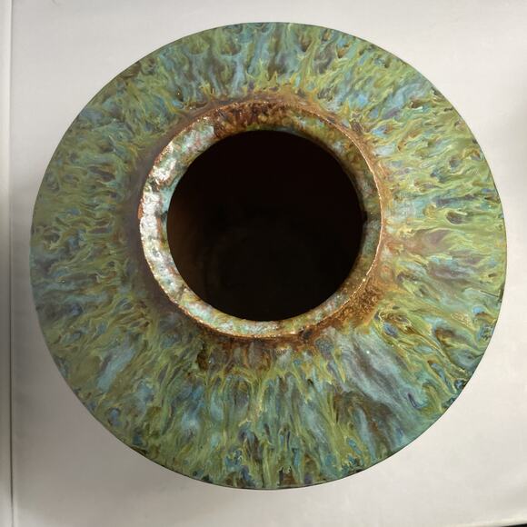 Vintage Drip Glaze Redware Pottery Vase Pot in Green Brown Textured - Picture 6 of 12